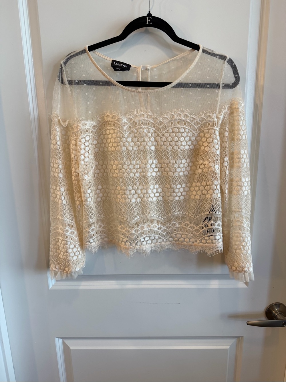 bebe Ivory Lace Mesh Long-Sleeve Blouse